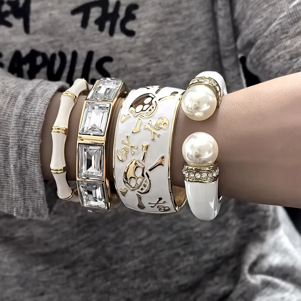 Bohemian Gold Color White Crystal Metak Enamel Wide Bangles Goth Skull Bracelets Alloy Pearl Charm Bracelet Couple Jewelry Gifts