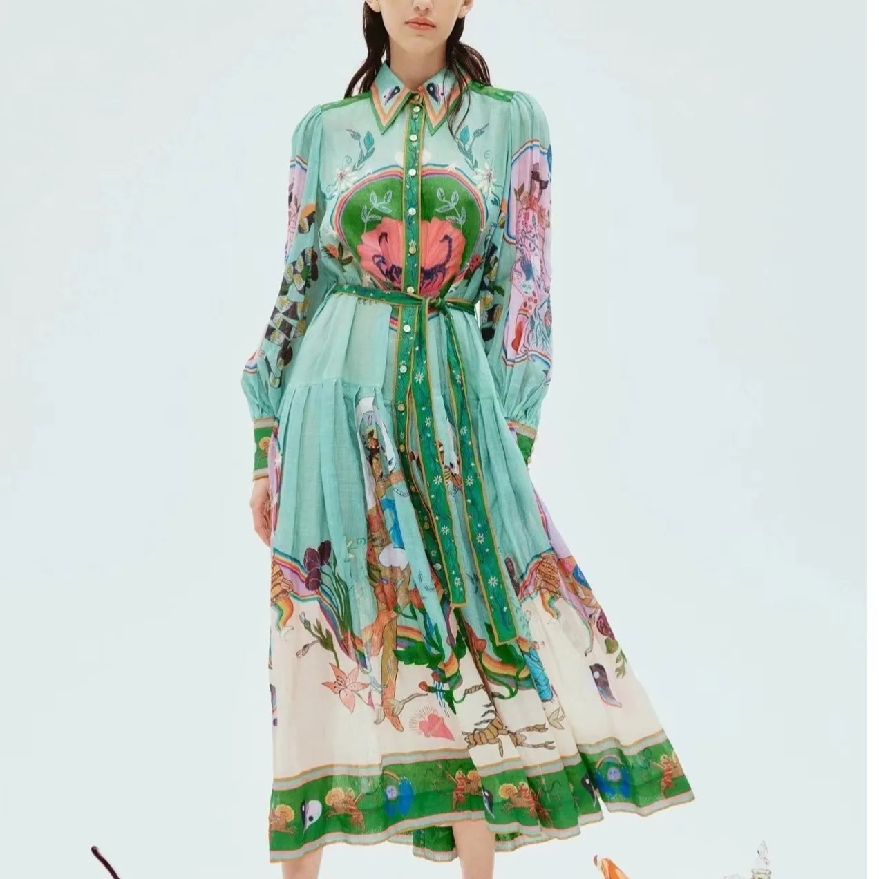 

Платье в винтажном стиле с принтом и поясом на талии, из льняной ткани, с рукавами-фонариками, H-образного силуэта, для весны и осени, в австралийском стиле