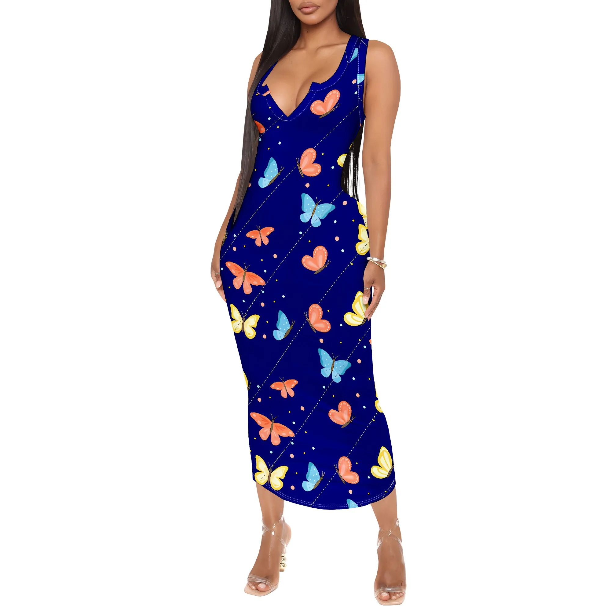 Vestido hasta la rodilla sin mangas para primavera y verano 2025 para mujer con jersey ahuecado, vestido informal de playa con estampado de mariposas