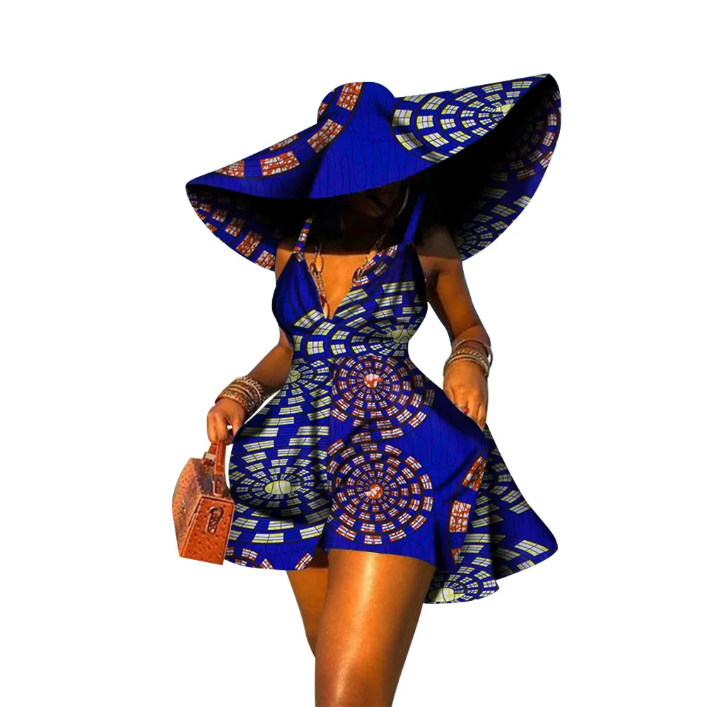 

African Print Jumpsuit Sexy Sleeveless V-neck Short Pant with Hat Fashion African Clothes Lady Attire Women Summer Dress Set