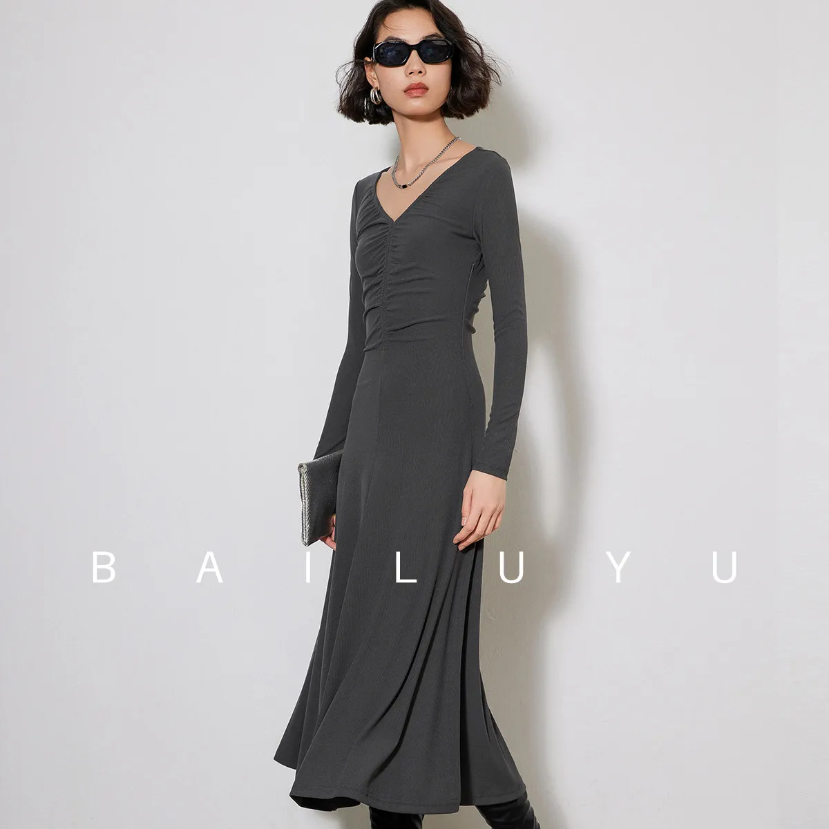 LOUIS YAO Women Dress 2024 Spring Dress V Neck Long Sleeve Casual Basic Solid Color Slim Fit Fashion Long Black Gray Brown Dress