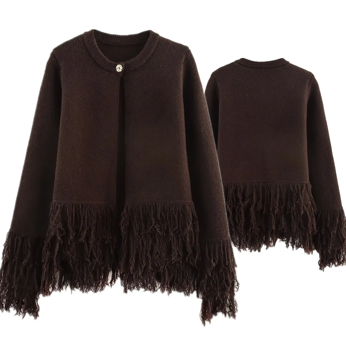 

Withered Nordic Minimalist Coffee Color Tassel Jacket Autumn And Winter French Elegant Lazy Knitted Cardigan Coat For Women