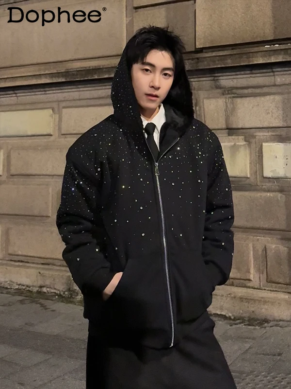 شتاء جديد سميكة الدافئة الثقيلة السماء المرصعة بالنجوم حجر الراين البلوز فضفاض عادية الصوف مبطن سستة مقنعين سترة للرجال