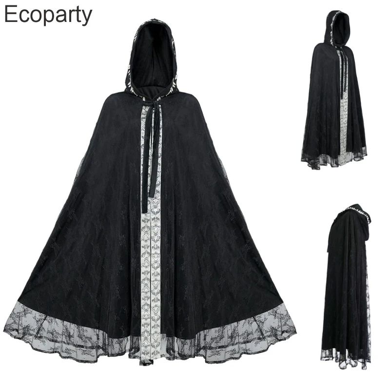 Halloween Medieval Costumes Men Women Retro Black Lace Patchwork Gothic Hooded Cloak Carnival Wizard Witch Cosplay Long Robes