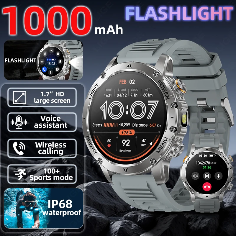 LIGE 1.7 بوصة 1000mAh الرياضة في الهواء الطلق مراقبة اللياقة البدنية ساعة ذكية 2025 جديد بلوتوث دعوة IP68 مصباح يدوي مقاوم للماء Smartwatch