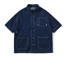 2024 summer new multi-pocket embroidered LOGO denim shirt casual tooling short-sleeved shirt for men  size  2XL