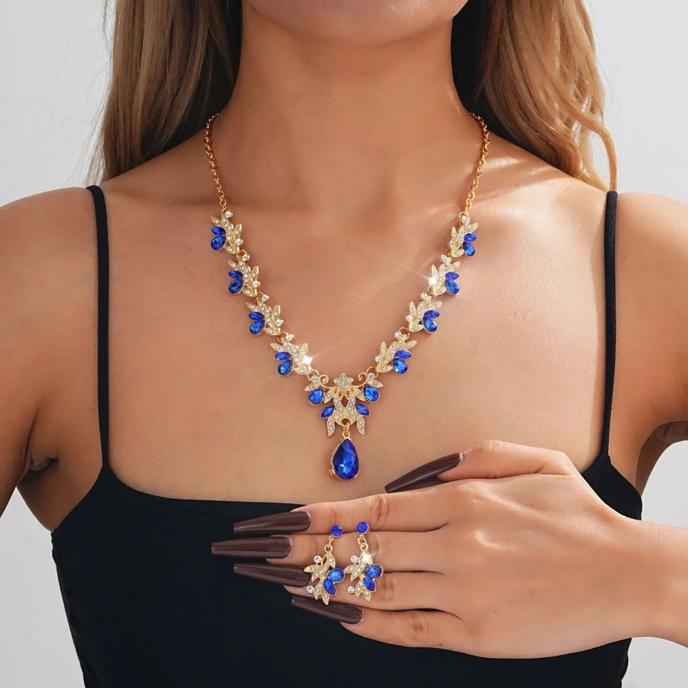 Sparkling Water Drop Flower Jewelry Set Women Necklace Earrings Shiny Crystal Choker Bridal Wedding Jewelry Party Accessories