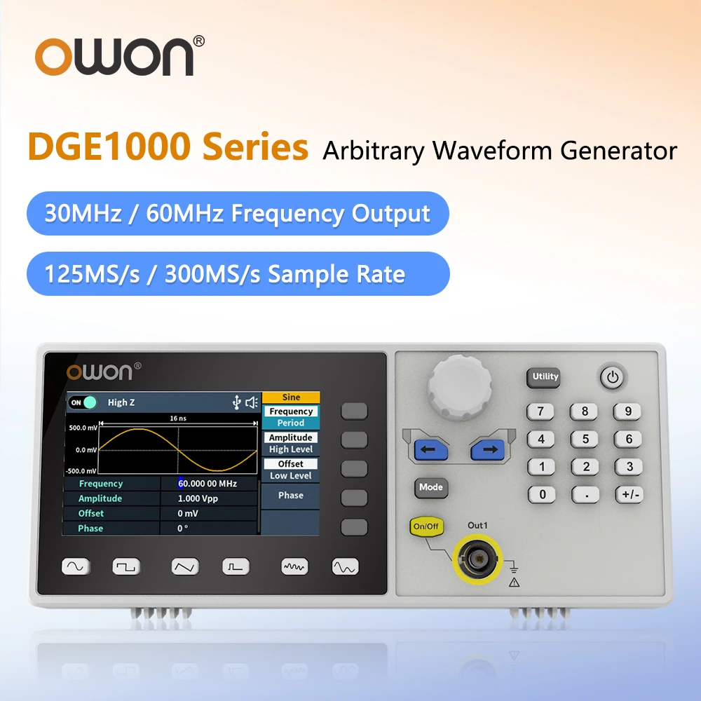OWON DGE1030 DGE1060 30MHz-60MHz Arbiträrer Wellenformgenerator Einkanalig 1CH 3,6 Zoll Tischgerät 14-Bit Wellenformgenerator