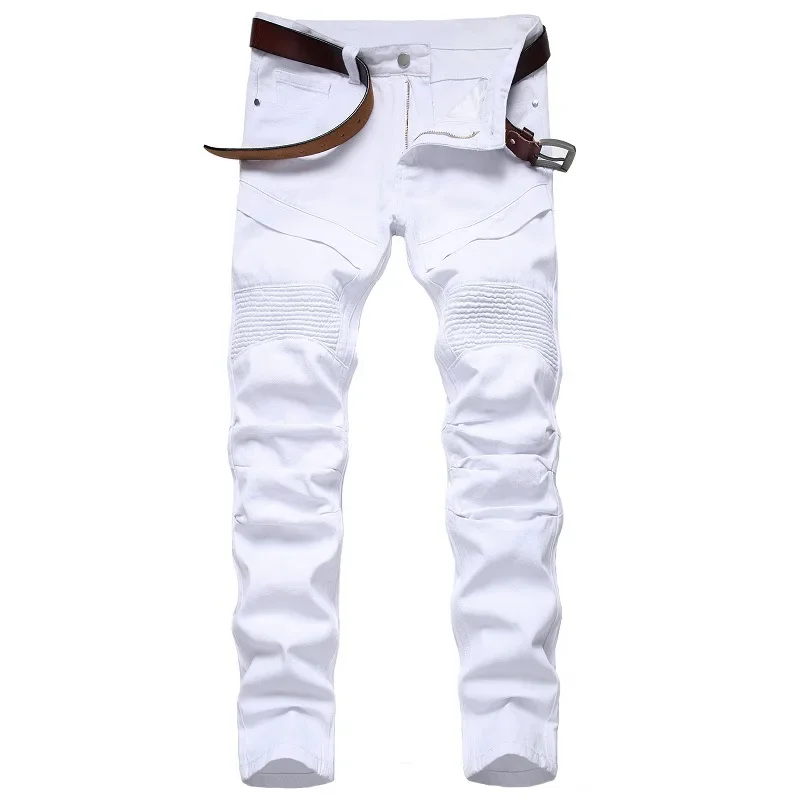 Fashion White Motorcycle Jeans Men's Personality Trousers Solid Color Casual Denim Pants Straight Spliced 90s Jeans