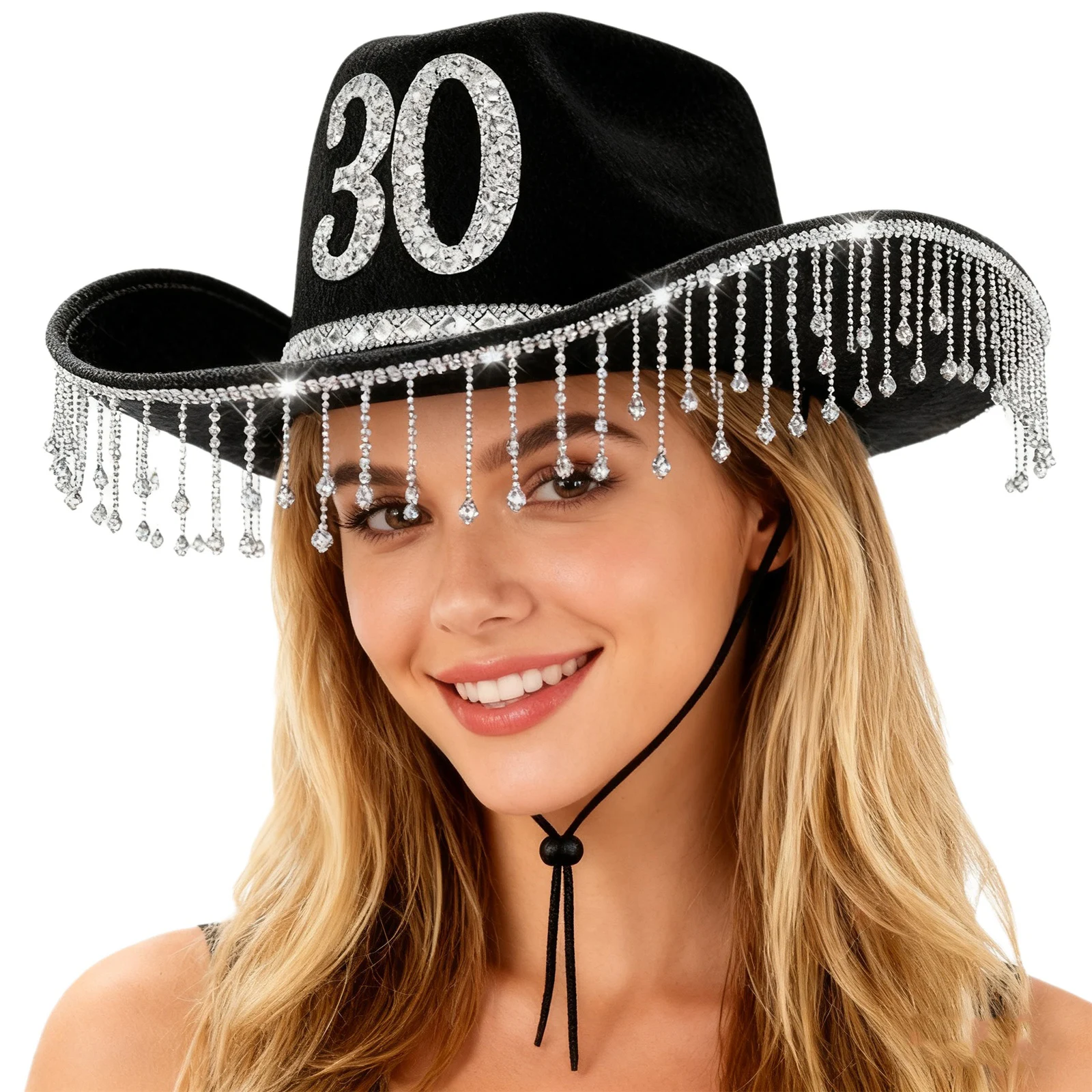 

1Pc Women Western Cowgirl Cosplay Hats Glitter Rhinestone Tassel Decor Cowboy Hat 30 Years Old Birthday Cowgirl Performance Hats