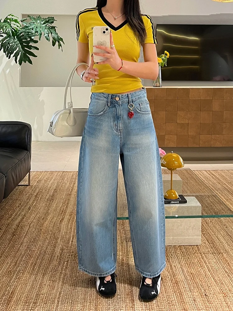 

High Waist Wide Leg Denim Jeans Women's Spring 2026 Heart Shaped Knife No Stretch Light Blue Nine Point Jeans