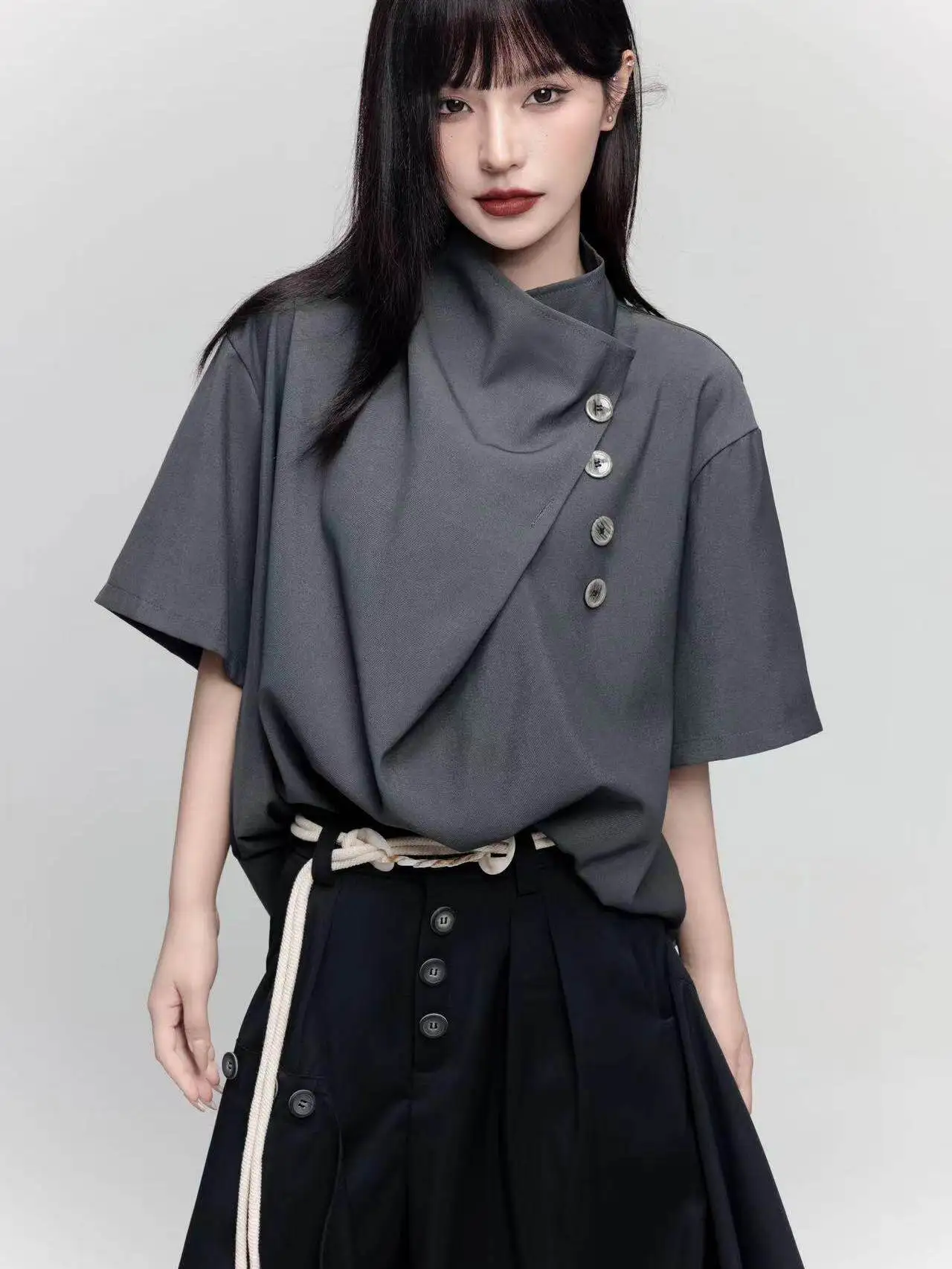 

Retro Design Loose Short Sleeve Shirt Unisex Asymmetrical Chinese Style Top Summer Cool Feeling Polyester Fiber Sharp Collar