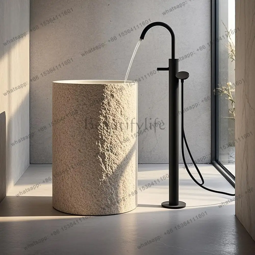 

Beige Travertine Freestanding Basin, Artistic Stone Pedestal Sink for Outdoor Villa, Weather Resistant&Easy Clean, Customizable