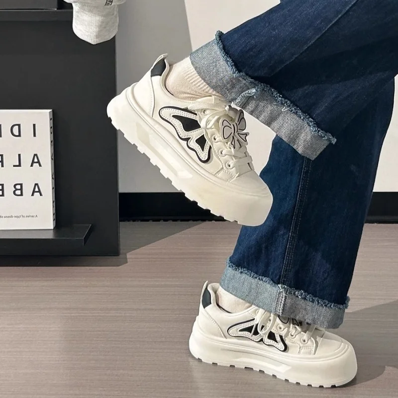 

Women's White Sneakers 2025 Fall Bowknot Decor Chunky Sole Casual Shoes Fashion Lace Up Flat Shoes