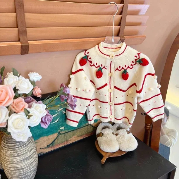Strawberry Polka Dot Knitted Sweater Crew Neck Lapel Regular Thick Sweater Baby Girl