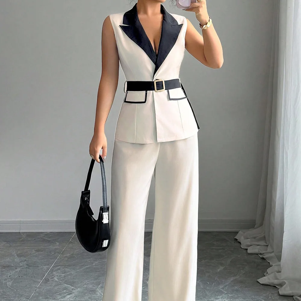 

Two Piece Set Women Outfit 2026 Spring Autumn Elegant Notched Collar Sleeveless Vest & High Waist Office Lady Straight Pants Set
