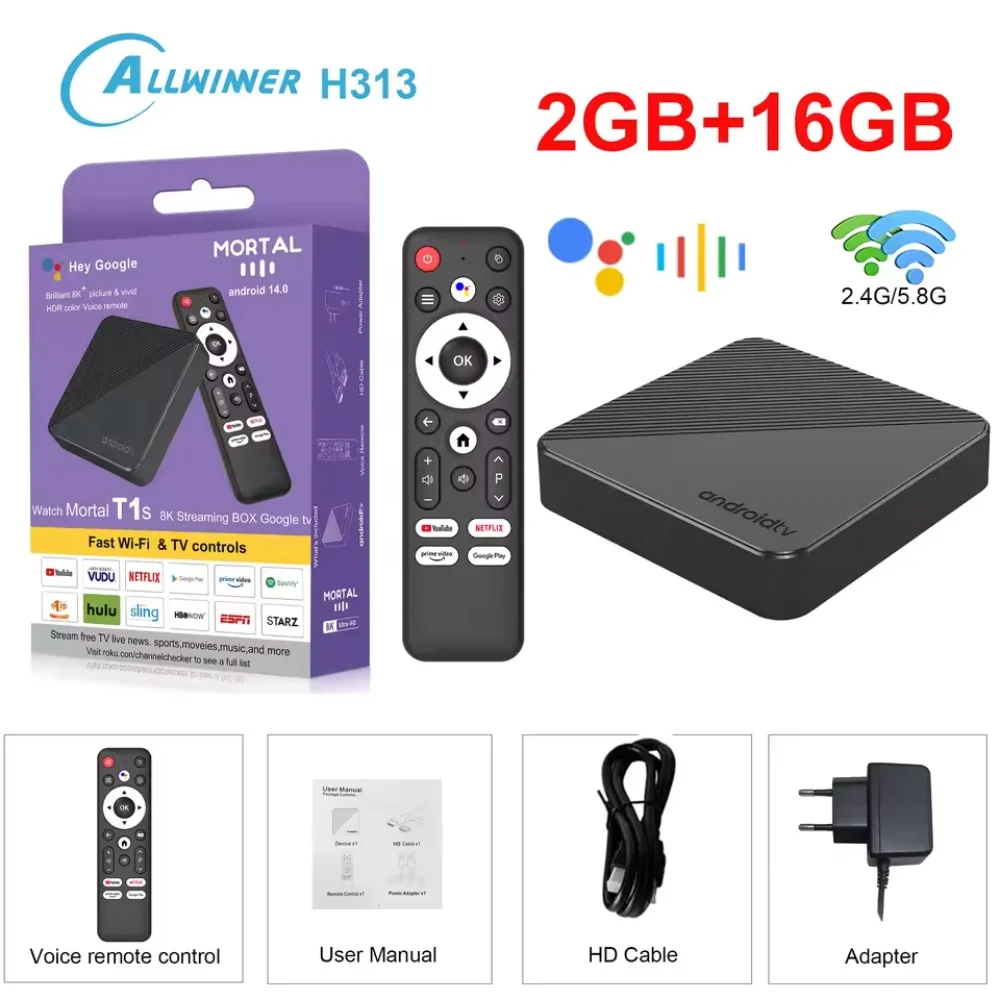 TV Box Inteligente Wifi6 Android14 T1S con Chip Allwinner H313 de Cuatro Núcleos, 100M LAN, Bluetooth 5, Reproductor Multimedia de Streaming 4K con Chromecast