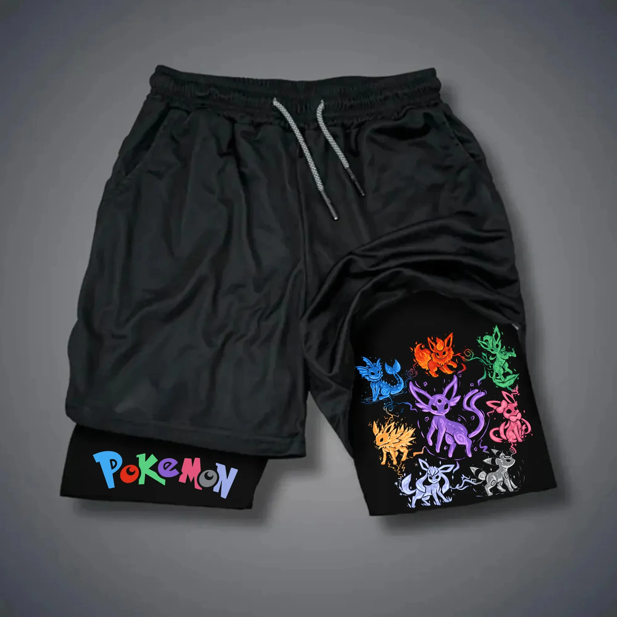 Pokémon Ball Men's Double Layer 2-in-1 fitness pants cotton blend Sports combat Shorts Japanese Anime Quick-Drying sweatpants