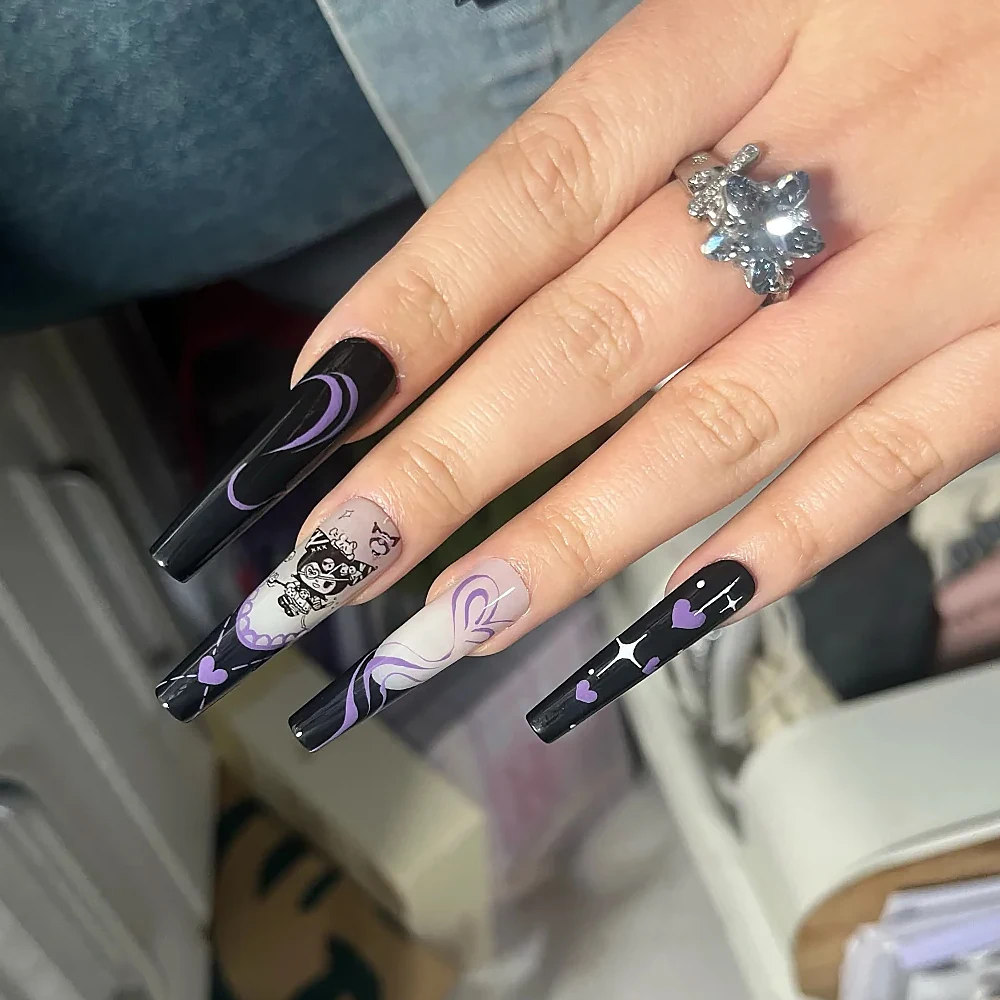 

10 Rolls/Box Kuromi Nail Transfer Stickers Evil Maid Costume Kuromi Design Nail Decals Y2K Sweet Cool Girls Halloween Nail Decor