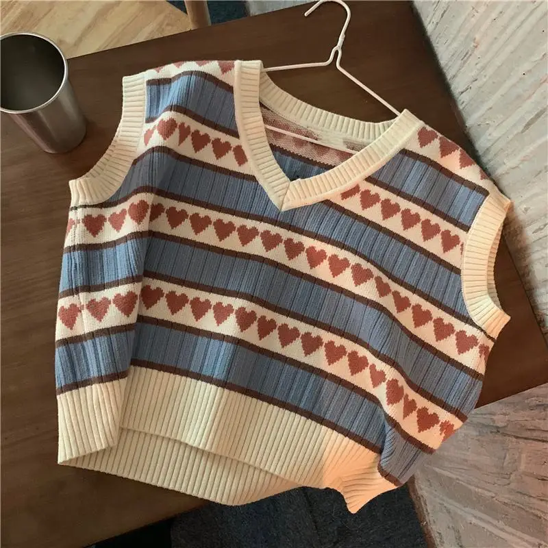 Knitted Sweater Vests Women Korean Style Loose Heart Printed Vintage Students\' Striped Sleeveless Sweaters All-match Lovely Fall