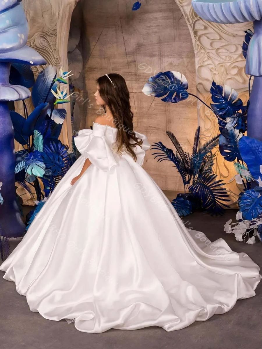 قبالة الكتف زهرة فتاة فستان لحفل الزفاف 2-14 أطفال نفخة الأكمام فرشاة قطار 1st بالتواصل فستان المسابقة مخصص حفلة الكرة ثوب