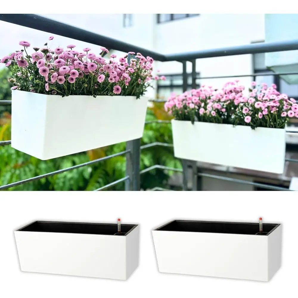 

14-дюймовые белые кашпо для оконных перил - 2 штуки в комплекте с кронштейнами, система самополива, идеально подходят для балконов и террас на открытом воздухе.