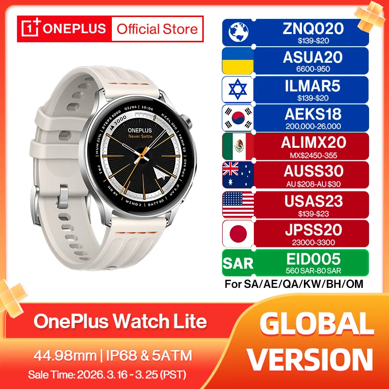

NEW OnePlus Watch Lite Smart Watch Global Version Up to 10 Days of Battery Life Dual Band GPS 1.46'' AMOLED Display