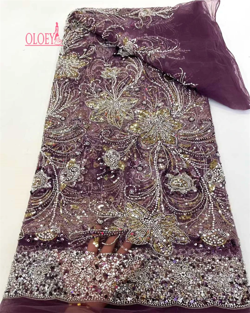 OLOEY Luxury African Sequins Beaded Lace Fabric High Quality Groom Nigerian Wedding Bridal Embroidery French Tulle Sewing
