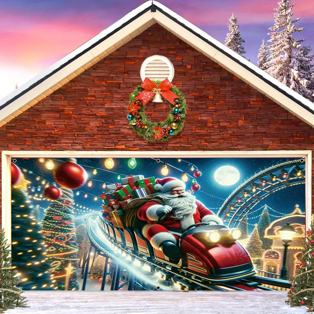 لوحة باب ثنائية الأبعاد قطعة واحدة من لوحة باب جراج عيد الميلاد من البوليستر الاحتفالي - سانتا كلوز على تصميم دائري، ديكور احتفالي