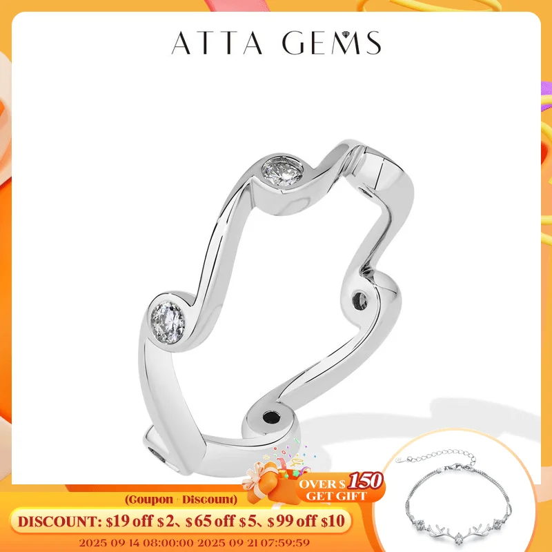 

ATTAGEMS Full Bezel Moissanite Wave Ring DVVS1 Real 925 Sterling Silver 18k Gold Plated Wedding Band For Women EngagementJewelry