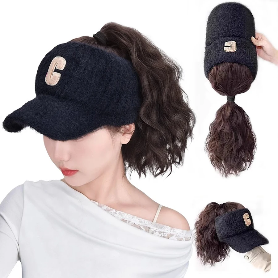 12 polegada de pelúcia preto bege vazio chapéu peruca sintética em linha reta/milho onda chapéu peruca com rabo de cavalo c etiqueta peruca integrada e chapéu