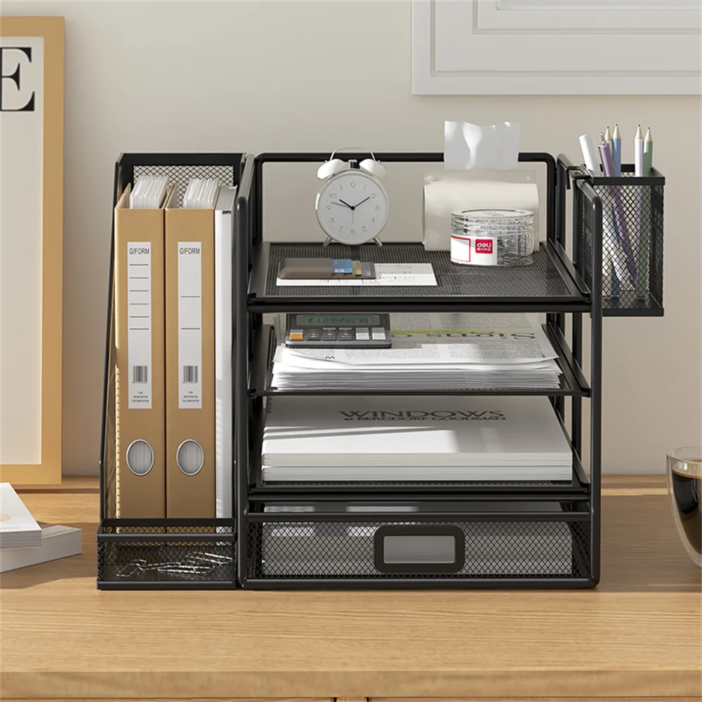 Desk Organizer With File Holder, 4-TIER Letter Tray Organizer With Sliding Drawer And 1 Pen Holder, Metal Mesh Desktop Organizer