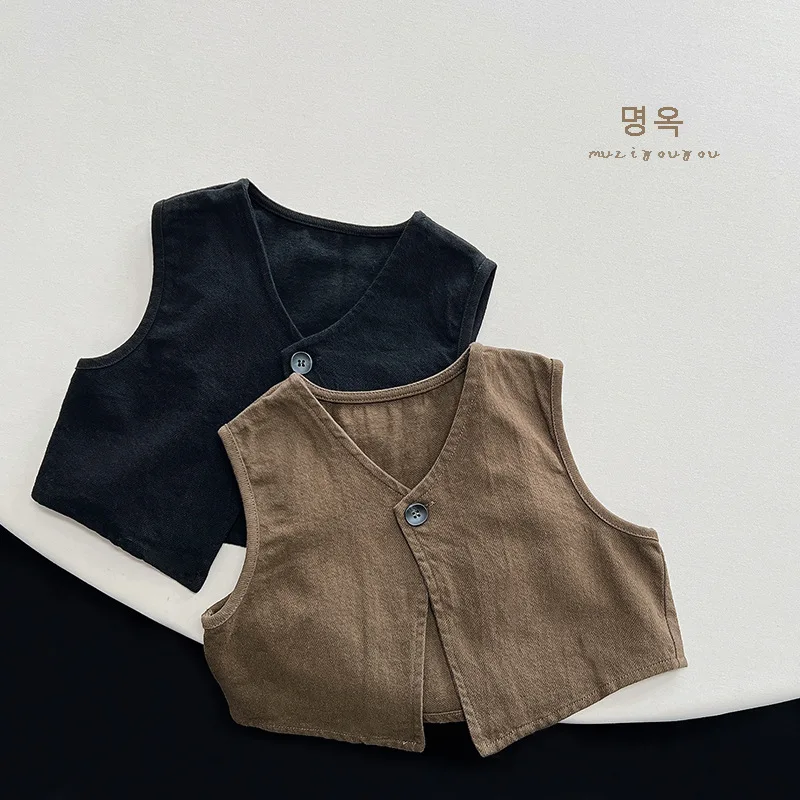 

Spring Autumn Children Retro Simple All-match Vest Girl Kid Cardigan Sleeveless Solid Tops Coat Boy Baby Cotton Casual Waistcoat