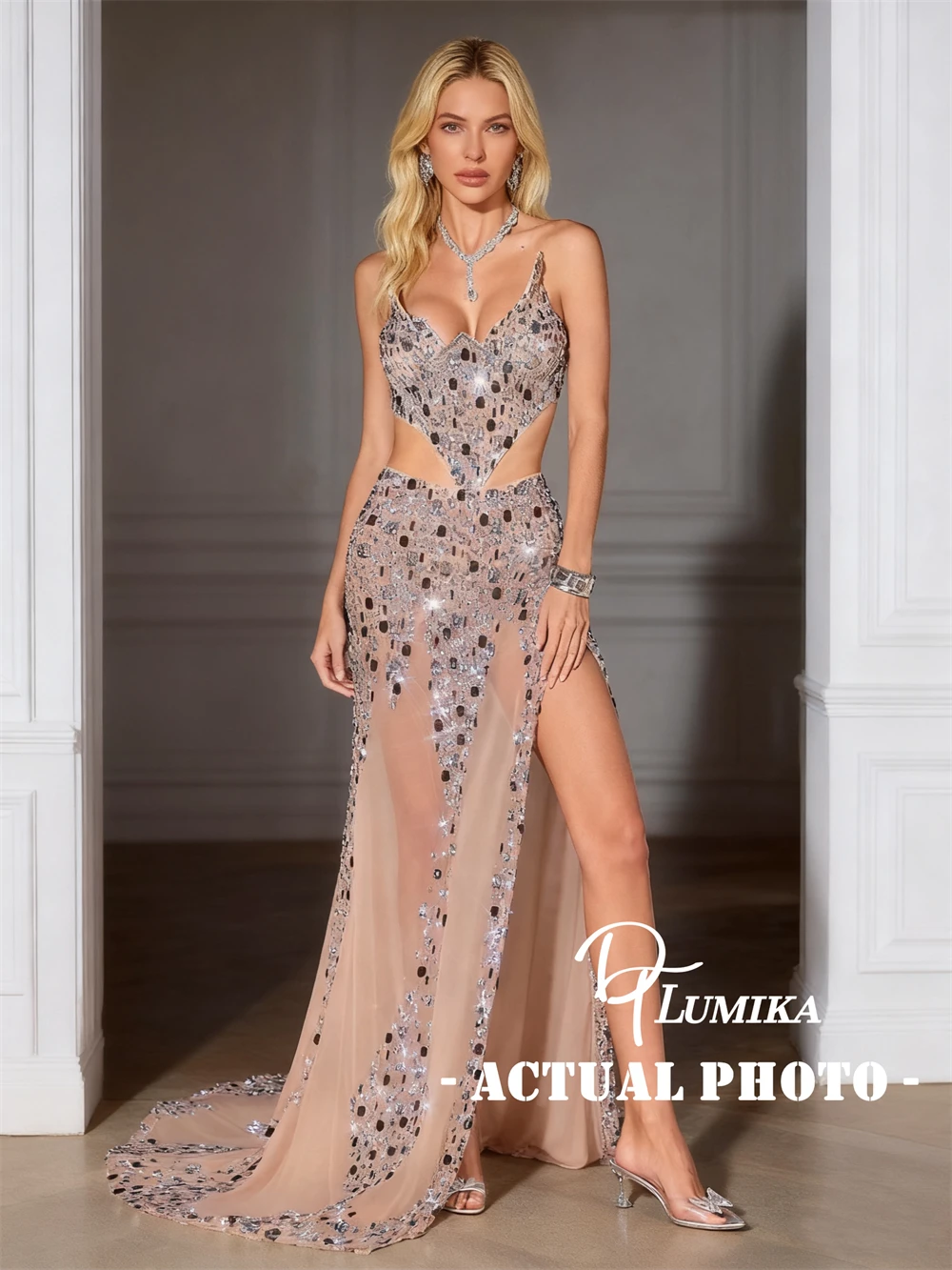 

DTLumika Crystals Long Sheath Prom Dress Strapless Mesh Evening Dresses Actual Photo Luxury Party Gowns