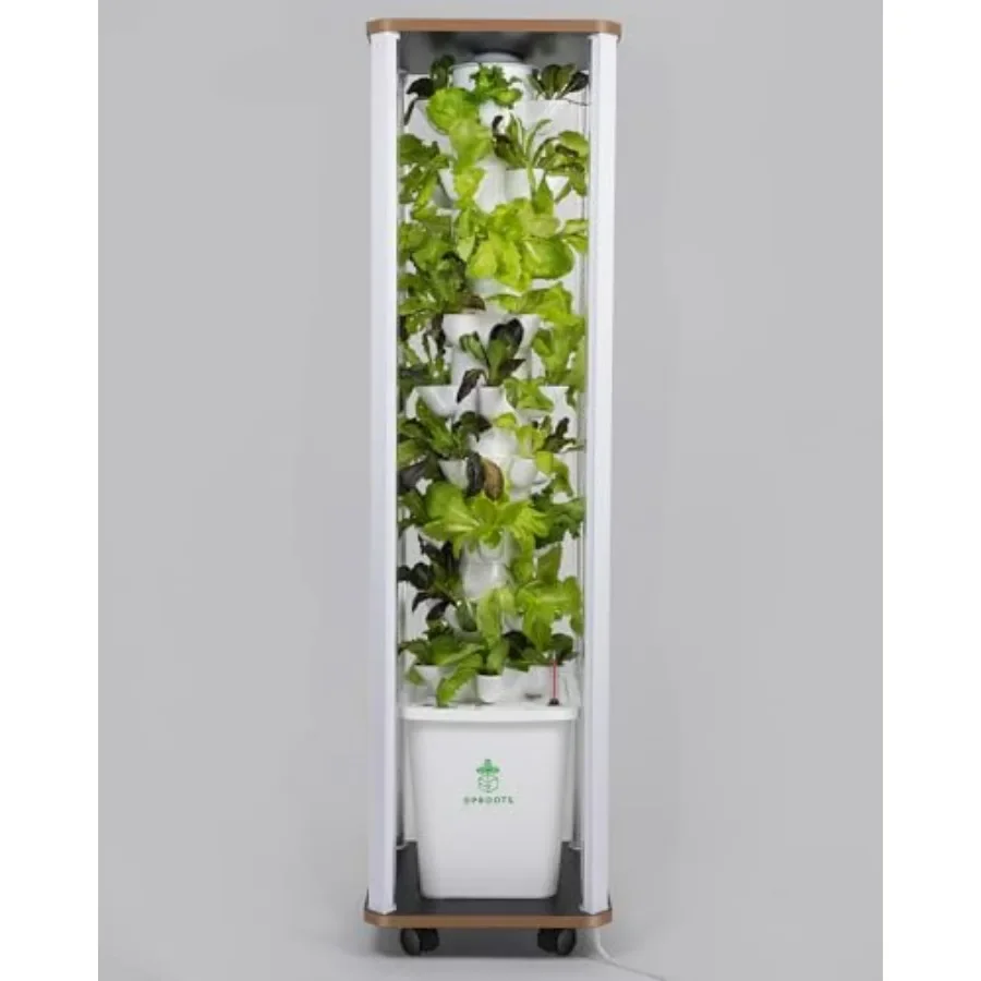 Hydroponics Tower Growing System for indoor leafy greens and herbs, ABS plastic, white, 45 pods with 360 full-spectrum lights a