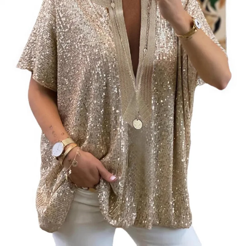 

Zagros Women Summer Sequined Blouse, Casual Loose Short Sleeve Deep V Neck Shiny Shirt Top S-3XL