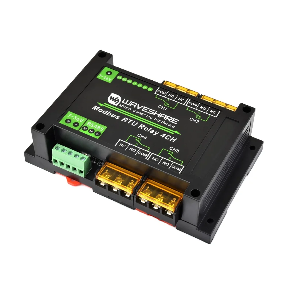 Modbus RTU Relay 4CH Waveshare Industrial 4-ch Relay Module with RS485 Interface 30A High Current Onboard LED Indicators
