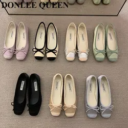 New Elegant Ballet Shoes Women Classic Square Toe Bow Tie Ballerinas Flats Ladies Loafers Comfortable Flat Shoes Female Moccasin