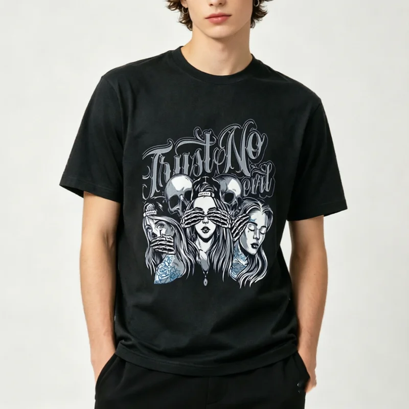Trust No One Chicano Skull Tattoo Girls Graphic T Shirt Men Women Cotton Short Sleeve Tee Dark Gothic Streetwear Casual Gift