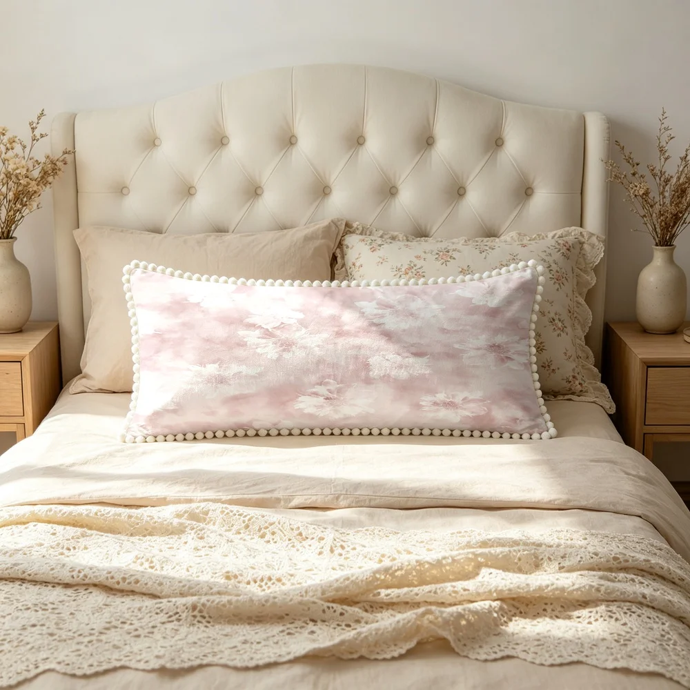 1PC Olive Green Background with White Large Roses, Modern Vintage Art Floral Long Pillow Cover with Pom Pom Trim, Bedroom Sofa