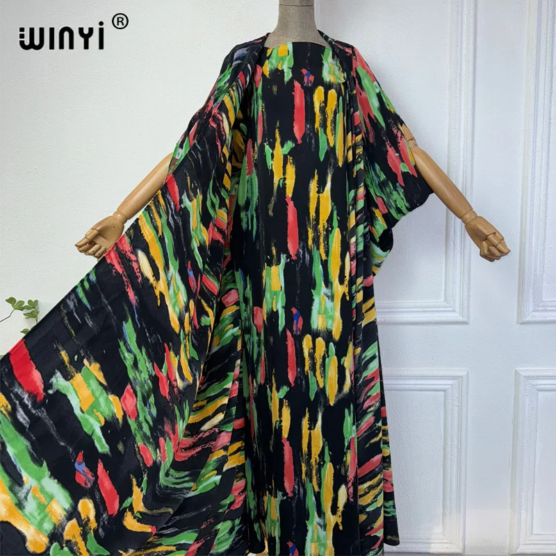 Imagem -05 - Winyi-vestido Maxi Estampado Boêmio para Mulheres Cardigã de Verão Novo Vestido Longo de Praia Quimono Terno de Peças Férias