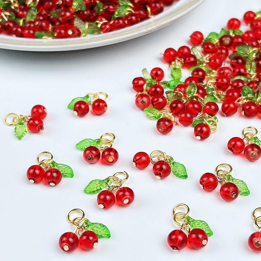 10Pcs Glass 3D Red Cherry Acrylic Charms Fruit Earrings Pendants for DIY Necklaces Keychains Jewelry Making Accessories