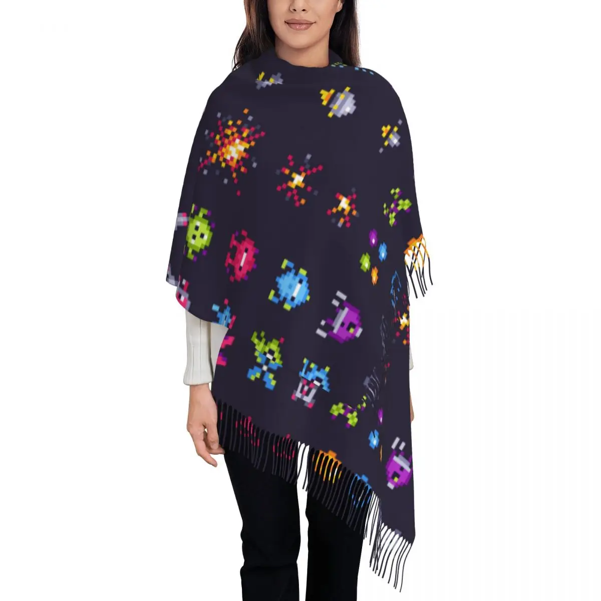 

Luxury Retro Space Arcade Game Spaceship Pixel Tassel Scarf Women Winter Fall Warm Shawl Wrap Ladies Scarves