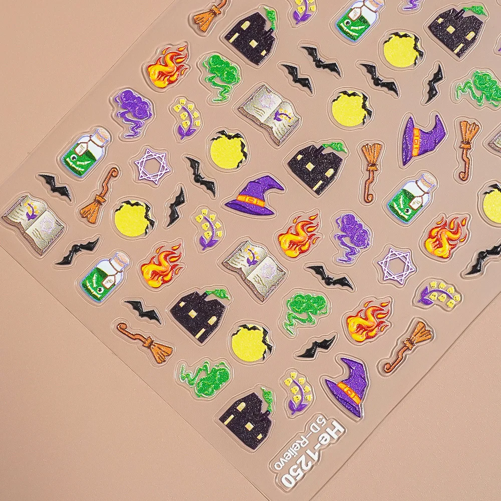 

1/5/10pcs Pumpkin Bat Nail Stickers Halloween Cute Cartoon 5D Embossed Nail Art Stickers For DIY Manicure Decoration Decals