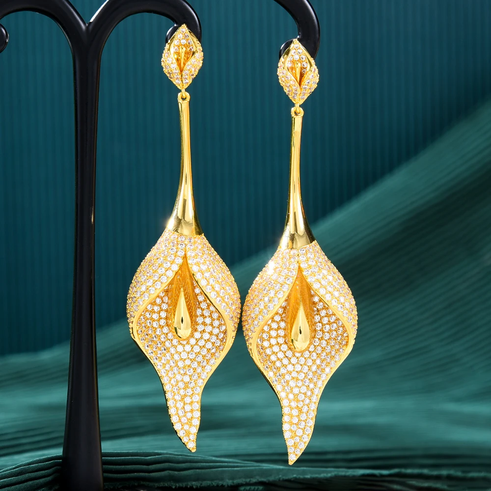 Jimbora Luxury Lily Flower Dangle Earrings for Women Girl Party Fashion Full Cubic Zirconia Pave Super Bridal Jewelry Gift