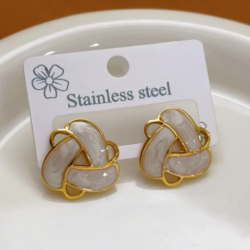 Multicolored Geometric Retro Gold Color Stainless Steel Hollowed-out Enamel Stud Earrings for Women Charm Jewelry Colorfast Gift