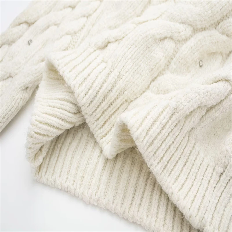 سترة نسائية بيضاء متماسكة مع زخارف من حجر الراين، سترة محبوكة برقبة وهمية وأكمام طويلة، بلوزة شتوية دافئة أنيقة #5