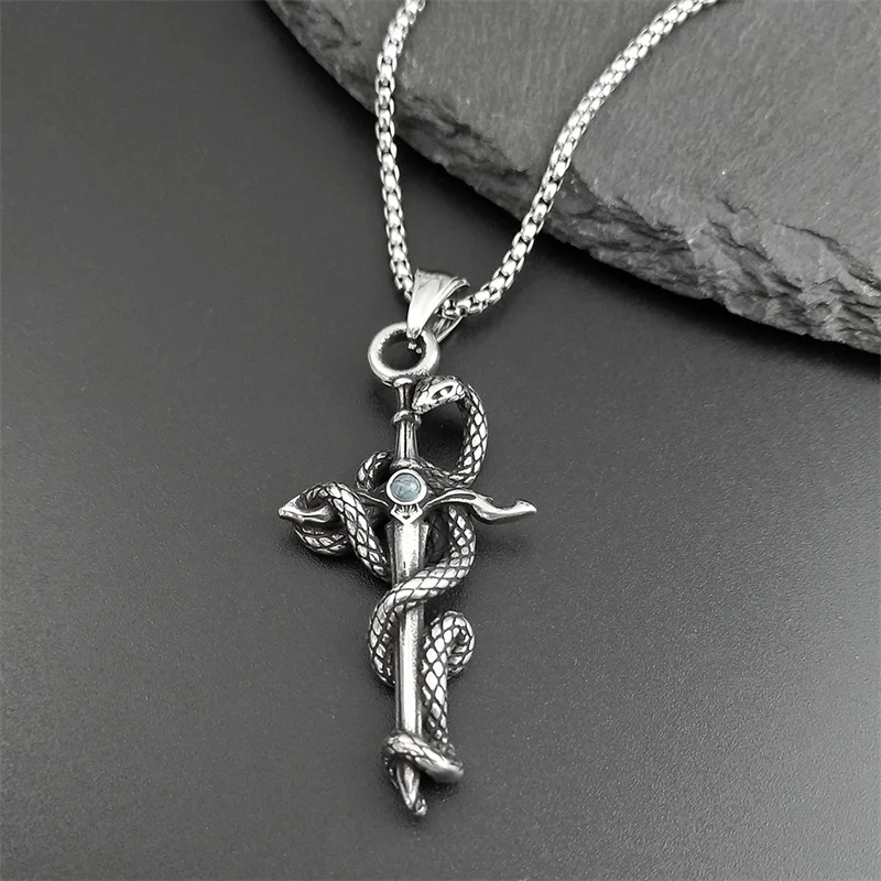 Retro Snake Sword Dagger Charm Pendant Necklace for Men Stainless Steel Gothic Antique Animal Necklaces Rock Punk Jewelry Gifts