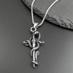 Retro Snake Sword Dagger Charm Pendant Necklace for Men Stainless Steel Gothic Antique Animal Necklaces Rock Punk Jewelry Gifts