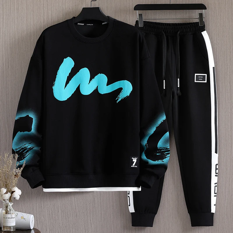 2024 Spring Autumn Print Tracksuits For Men\'s Set Sweatshirt + Joggers Sweatpants 2-piece Set Sporting Suit